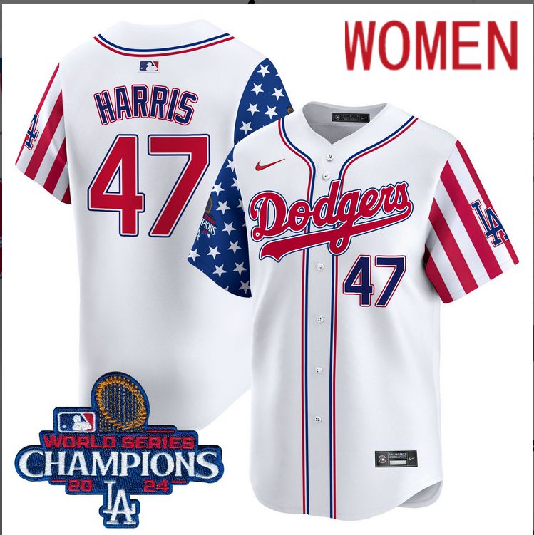 Women  MLB Los Angeles Dodgers #47 Trump American Style white 2024 World Series Champions  Limited Jersey->women mlb jersey->Women Jersey
